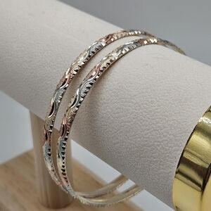 VINTAGE Tri Color Etched Gold Plated Stacking Bangle Bracelet Set of Two